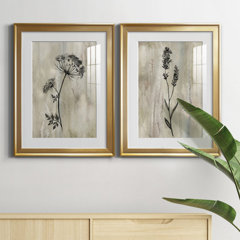 «Sumi-e Silhouette I», ensemble de 2 reproductions d'art, Impression encadrée, H 18,5 po x l 49 po, Doré