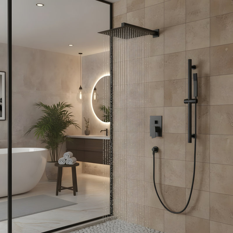 Ensemble de système de douche mural carré de 10 po et pomme de douche à main, Noir mat