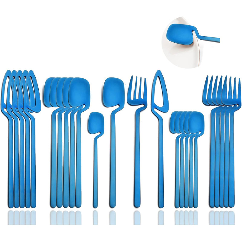 Ensemble de couverts 24 pièces en acier inoxydable, finition bleu mat satiné, service pour 6, Argent argent