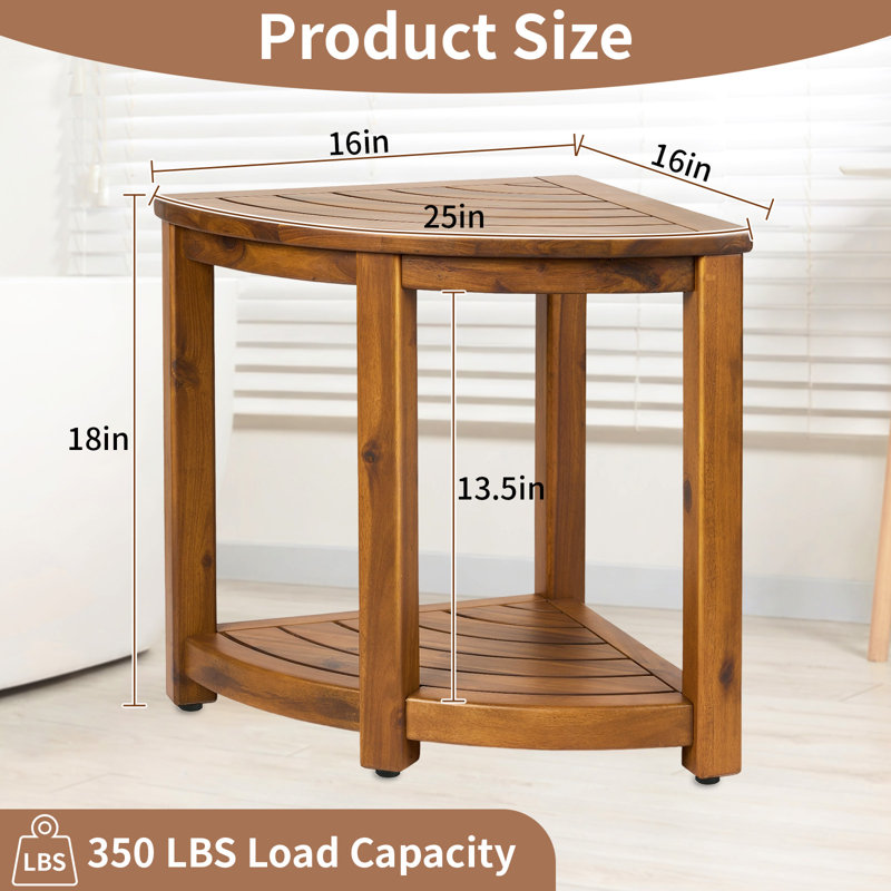 16" W Teak Corner Shower Bench, Water Resistance Shower Chair & Teak Shower Stool with Storage Shelf, Shaving Footrest and Non-Slip Feet