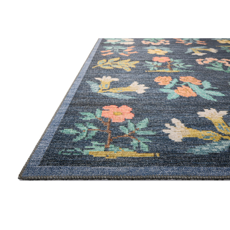 Navy Floral Synthetic 3'-9" x 5'-6" Area Rug