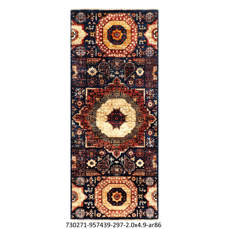 Hand-Knotted High-Quality Navy, Red, and Beige Runner