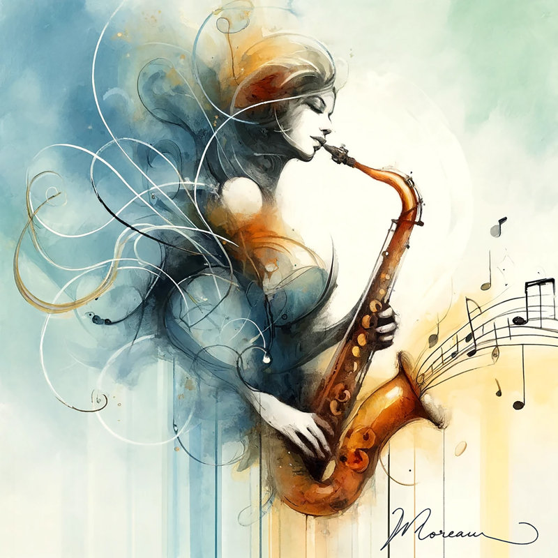 «Saxophone Serenade», aquarelle sur toile tendue, H 12 po x l 12 po x P 1 po