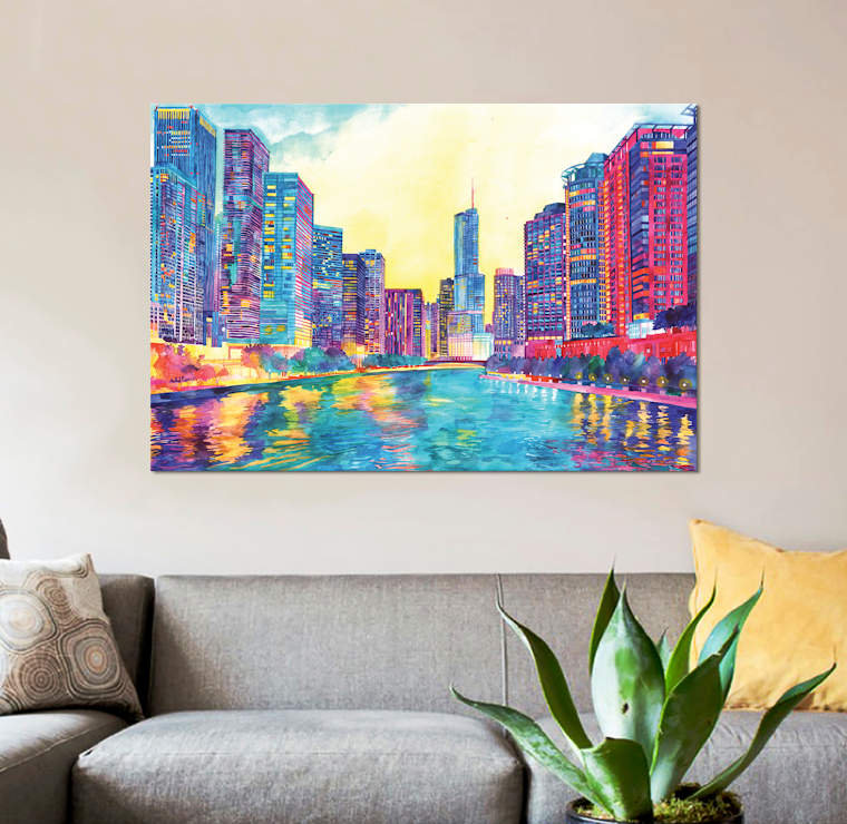 «Chicago River» par Maja Wronska, impression sur toile, H 18 po x l 26 po x P 1,5 po, Toile avec cadre noir, Pas de tapis
