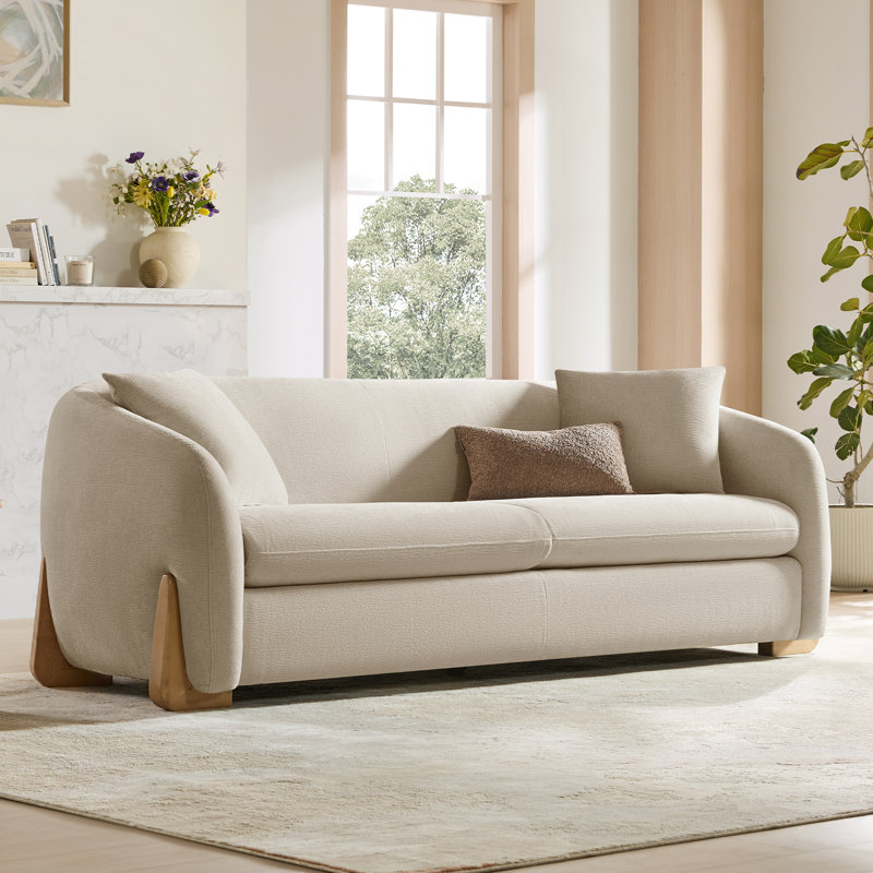 90'' Upholstered Modern Curved Chenille Sofa with Unique Wood Legs, Oatmeal