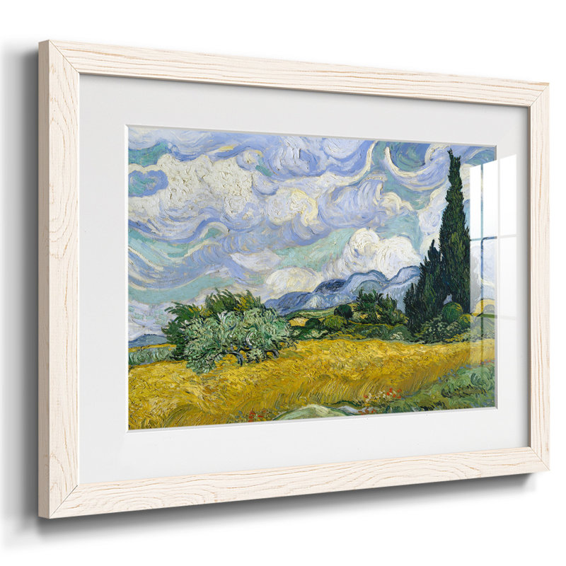 Champ de blé avec cyprès - reproduction encadrée rustique avec tableau mat, H 18 po x l 26 po x P 1,5 po, Blanc