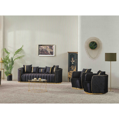 3-Piece Black Velvet Sofa And Two Chairs Set – Modern Glam Tufted Living Room Furniture With Gold Metal Accents