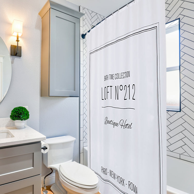 Extra Long White Polyester Shower Curtain with Black Writing Design