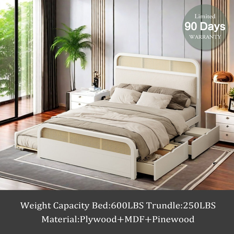 Queen Size Wooden Platform Bed With Trundle And 2 Drawers, White