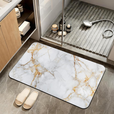 Diatomaceous Earth Bath Mat,White Marble Bath Rugs,Gold Veins Non-Slip Thin Absorbent Fast Drying Easy to Clean for Bathroom Laundry Home Kitchen Door Mat 17x29.5Inch