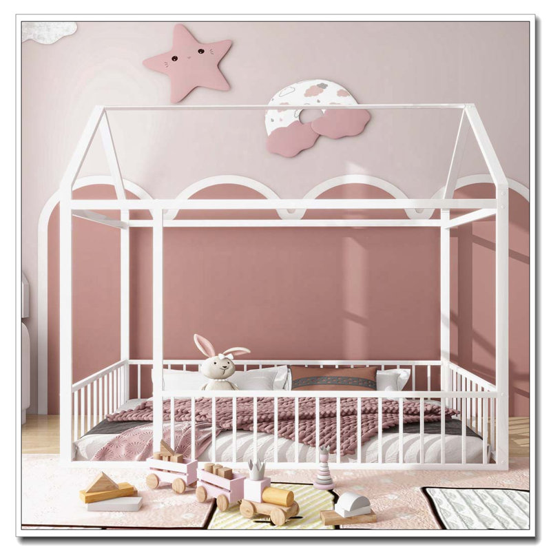 Metal Bed House Bed Frame with Fence, Twin, White