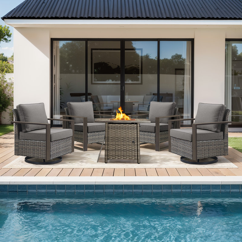 Drazen 4 - Person Patio Furniture Set With Fire Pit Table, All-Weather Wicker Outdoor Conversation Set With Chair And Thick Cushions