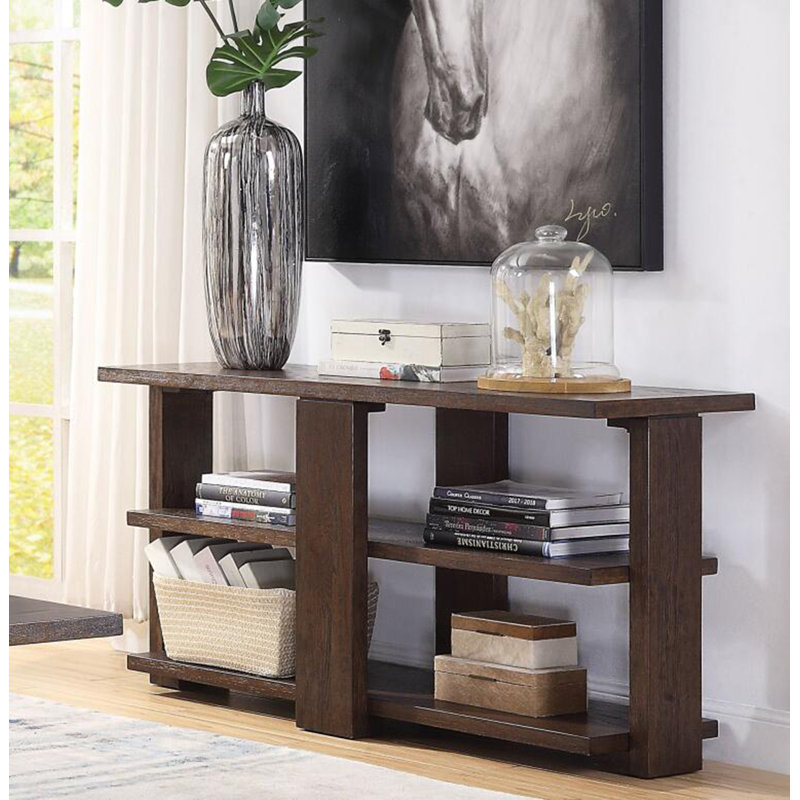 Mai Sofa Table in Walnut Finish – Classic Rectangular Wooden Console Table with 2 Open Shelves for Storage