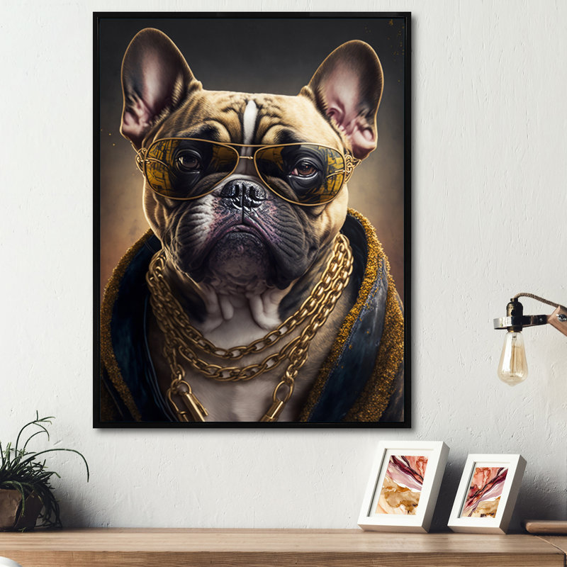 «Frenchie Gangster in NYC III», impression sur toile, Toile avec cadre flottant noir, H 32 po x l 16 po x P 1 po