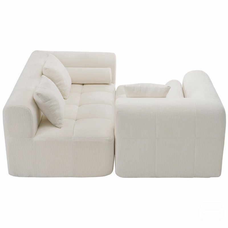 Modular Sectional Sofa with Deep Seating & 2 Side Pockets for Living Room, Beige Chenille