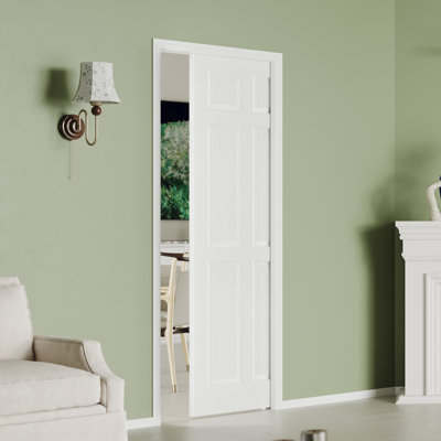 Porte coulissante à fermeture à glissière avec fermeture en douceur - 6 panneaux avec placage en bois Blanc creux et intérieur en panneau de fibres à densité moyenne et porte de garde-manger avec cadre de poche