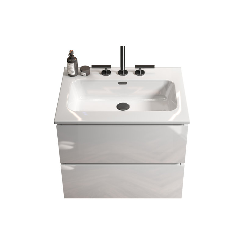 Fixation murale 24 po blanc brillant pour armoire de salle de bain - 3 trous de lavabo en céramique, rangement abondant, meuble-lavabo silencieux avec grande unité
