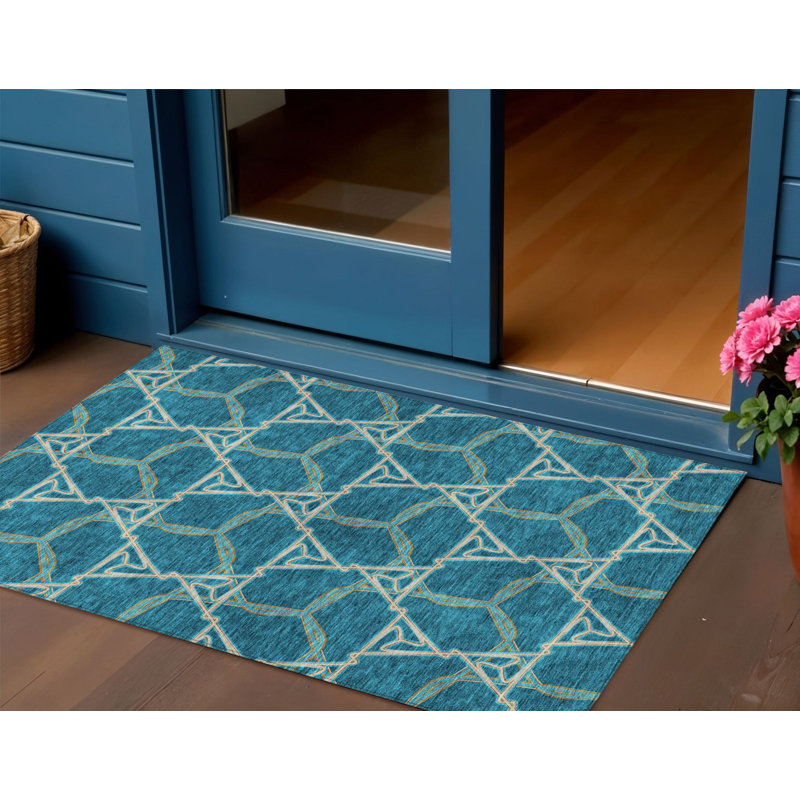 3' X 5' Teal Blue And Beige Geometric Washable Indoor Outdoor Area Rug
