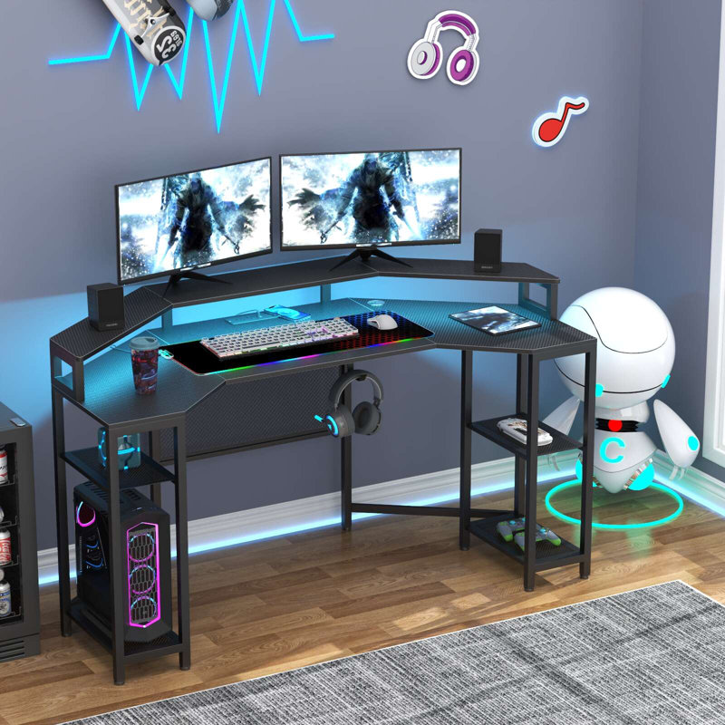 Bureau d'ordinateur en L avec tablette de rangement et prises de courant en L de 63 po Maurece