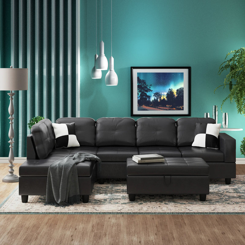 Ensemble de canapé modulaire en L en similicuir 3 pièces avec repose-pieds noir, Noir, Similicuir noir
