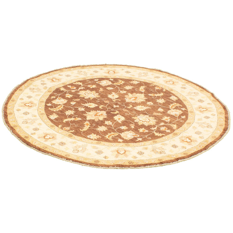 Tapis en laine ronde 7 pi 7 po "one-of-kind" -noué la 2010 ushak foncé/beige 6" Joannes
