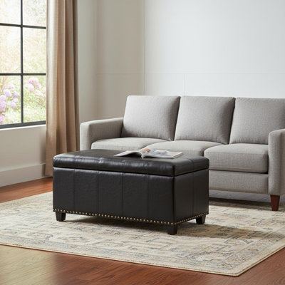 Banc de rangement rembourré en similicuir et bois massif 33 pouces Gracie Mills avec dessus rabattable noir et espresso