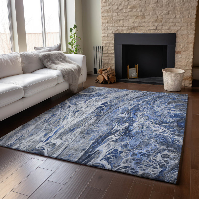 Premium Machine Washable Cerrito AMF602 Blue Round Rug, Rectangle 8' x 10'