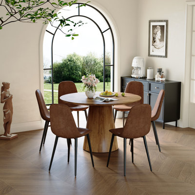 45" Round Dining Table Set for 6, 7-Piece Kitchen Table and Chairs With Faux Wood-Grain Tabletop & Faux Suede Chairs.