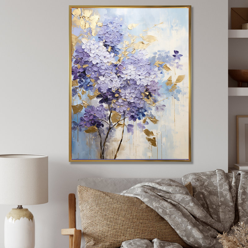 Rêves de lilas pastel mauve et doré sur toile, H 40 po x l 30 po x P 1,5 po, Cadre flottant doré