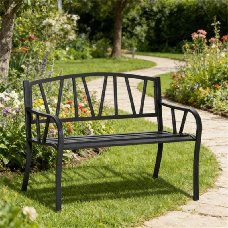 Banc de jardin noir 50,5 × 22 × 33,75 po, chaise de véranda 2 places avec dossier et accoudoirs en forme de V, structure en acier
