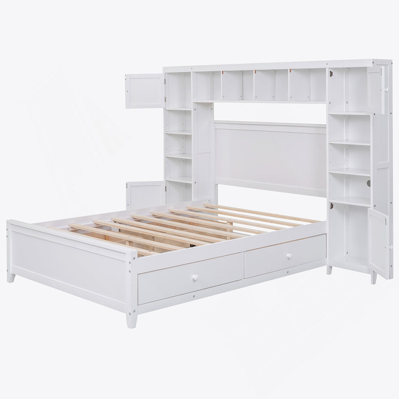 Full Size Wooden Bed With All-In-One Cabinet And Shelf, White