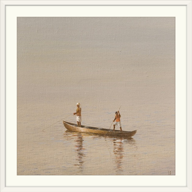 «Tecoma Kerala Fishermen» par Lincoln Seligman, reproduction d'art, H 20" x l 20" x P 1", Cadre blanc