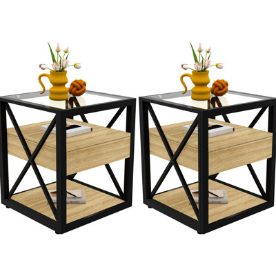2, Bedroom, Living Room, Nightstand, Drawer, Modern End Table, Natural Wood , Tempered Glass Top, Industrial Style, Tiered Storage Strategy Of Space - Saving Design,