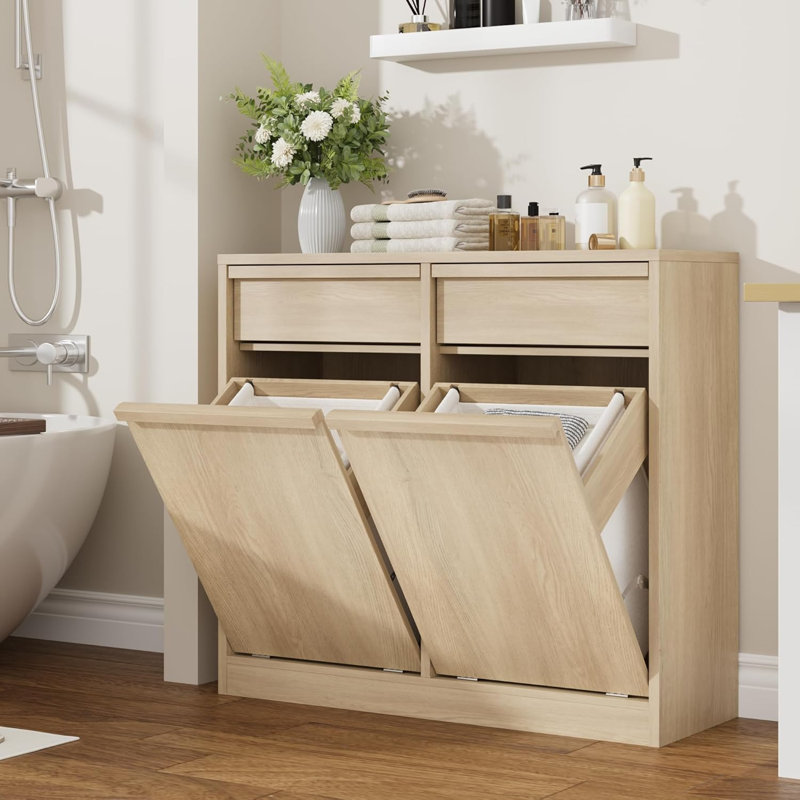 Laundry Hamper Cabinet, with Single Tilt Out Storage Baskets, 20 Gallon Farmhouse Trash Can Cabinet with 2 Drawer, Hidden Wood Laundry Hamper for Bathroom