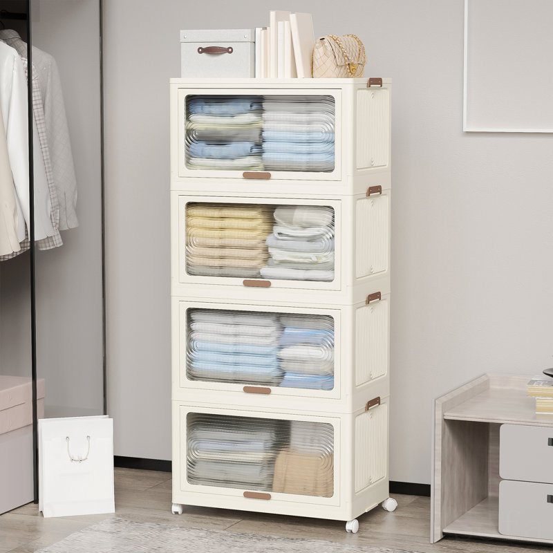 4 Tier Plastic Storage Bins With Lids, Stackable Storage Containers with Wheels, Folding Storage Boxes, Collapsible Storage Bins, Cabinets