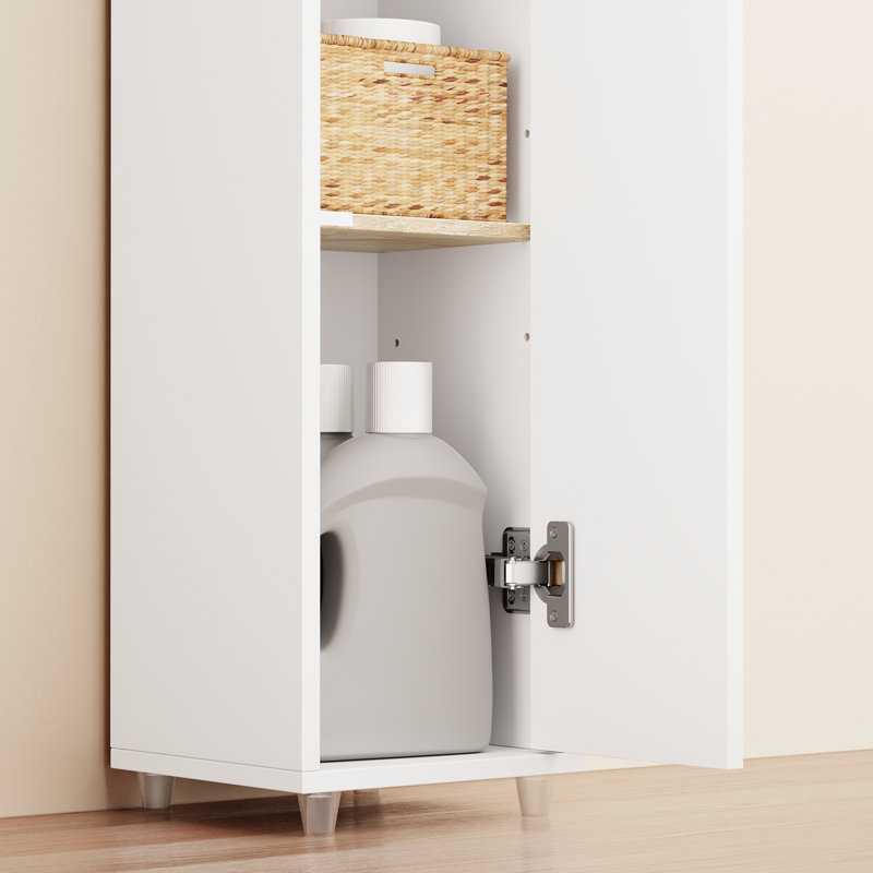 Armoire de rangement étroite pour salle de bain avec 2 portes, 1 tiroir, blanc et naturel, Blanc/naturel