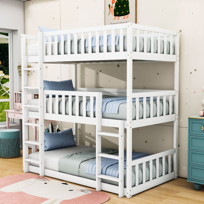 Twin Over Twin Over Twin Bunk Bed With Ladders And Guardrails