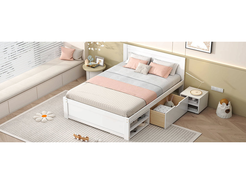 Platform Bed With Drawer And Two Shelves, Full, Antique White