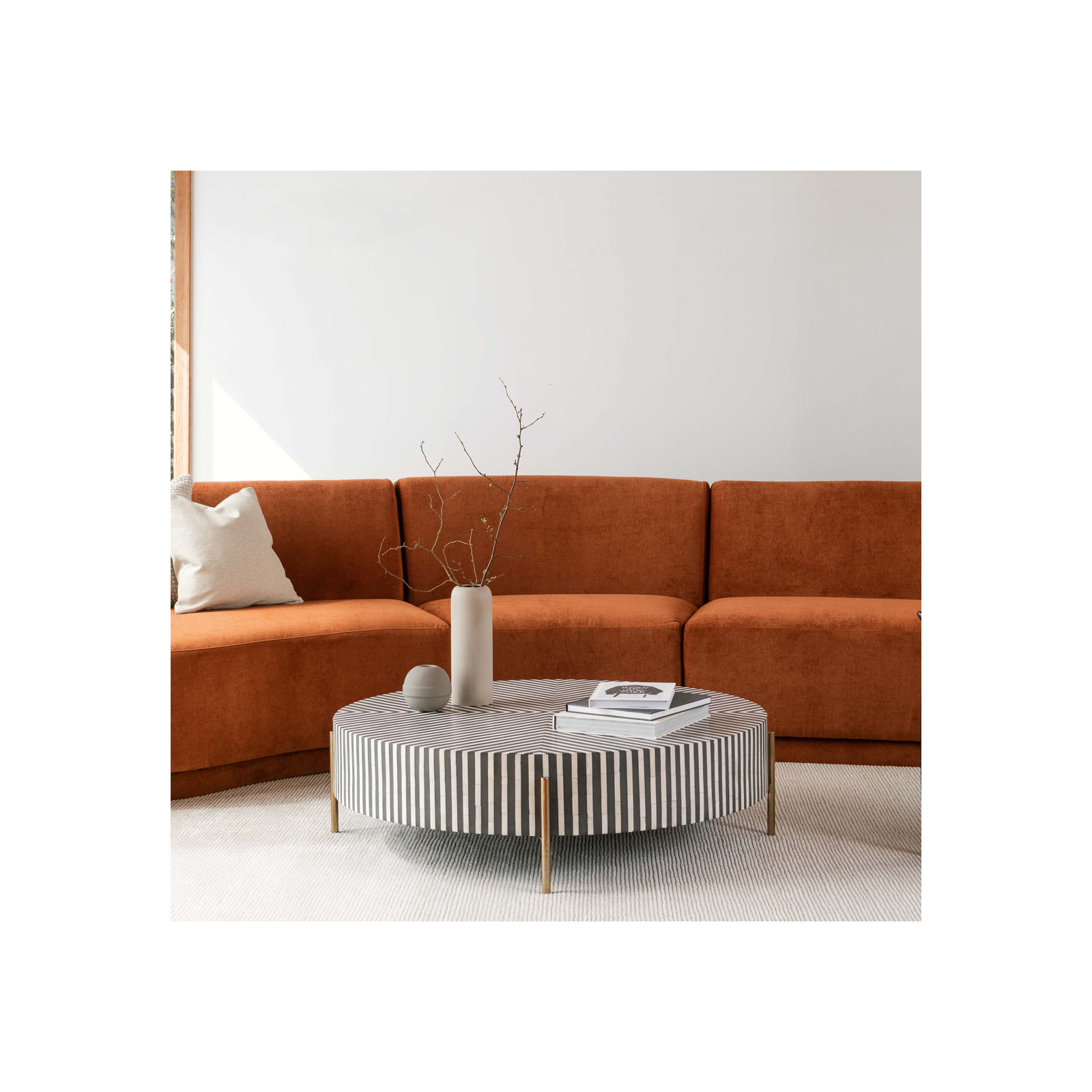Bron Round Bone Inlay Coffee Table, 12" H x 48" L x 48" W
