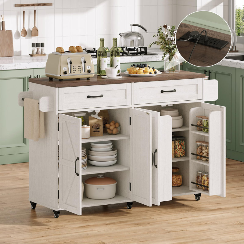 Mobile Kitchen Island, Kitchen Island Cart With 2 Drawers And Charging Station, Island Table For Kitchen, Home Bar Carts With Storage