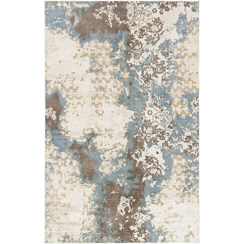 Tapis patchwork noué à la main Vingel Authentic - bleu / brun / blanc, Rectangle 5 pi x 7 pi 6 po