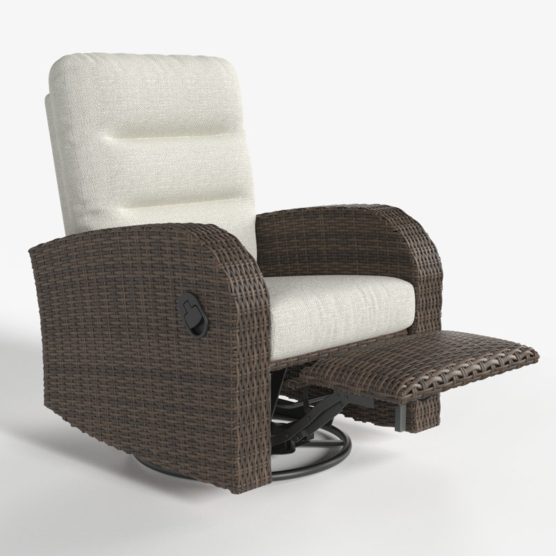 Swivel Premium All-Weather Wicker Outdoor Lounge Chair, Beige Cushion/Brown Frame