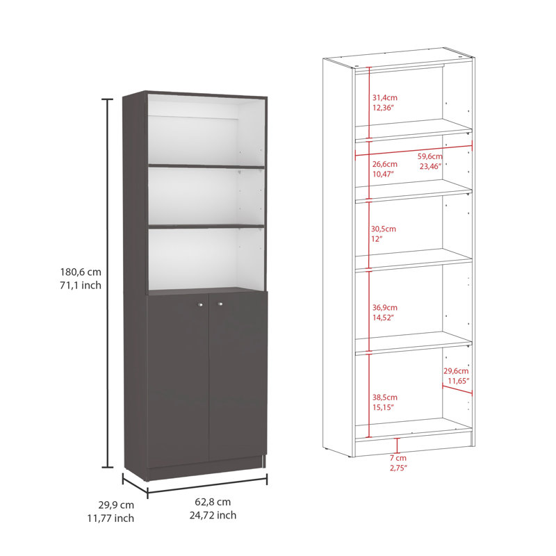 Duette 3 Piece Bookcase set, 74" Wide with 11 Shelves and 2-door Cabinet ,  Living Room Set  Matt Gray / White