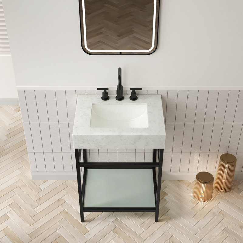 Plan de travail ASO 24 avec bordure en marbre artificiel, lavabo encastré en céramique avec 3 trous de robinetterie, support autoportant en acier inoxydable avec tablette en verre trempé, couleur noir