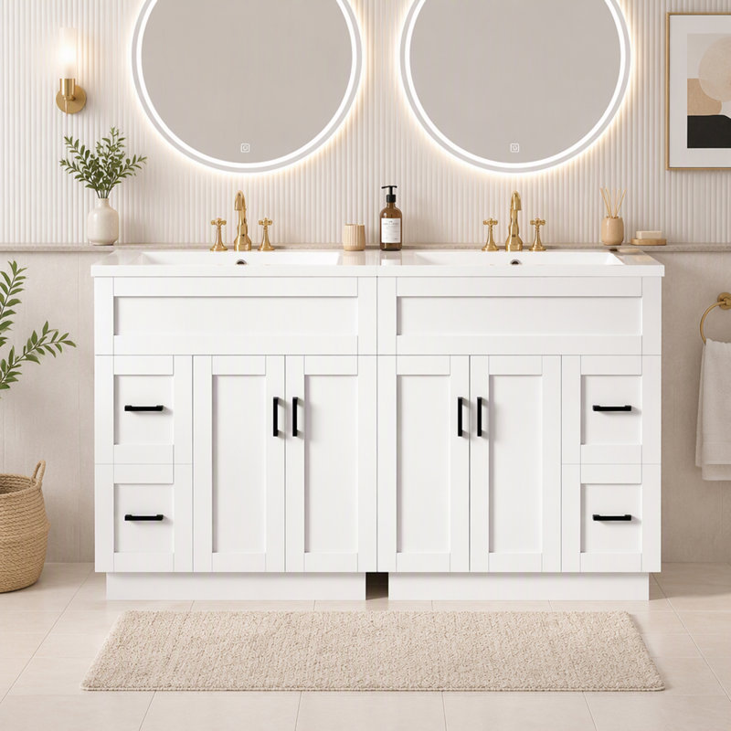 Ensemble de meuble-lavabo avec tiroirs et tablettes réglables et lavabos (comprend 2 meubles-lavabos), Blanc et noir
