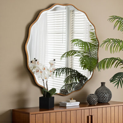 Zaren Antique Gold Leaf Finish Scalloped Border Accent Wall Mirror, 41.7" H X 41.72" W X 0.44" D