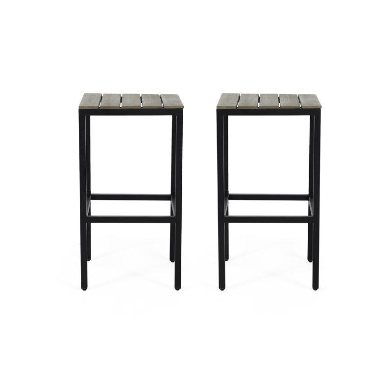 Tabourets de bar modernes en bois, 2 pièces Gris et noir. Structure en métal avec siège à lattes pour l'extérieur. 16 x 16 x 30 pouces industriel 2. Finition, cadre. Espaces. 16,35 po x 16,35 po x 29,42 po