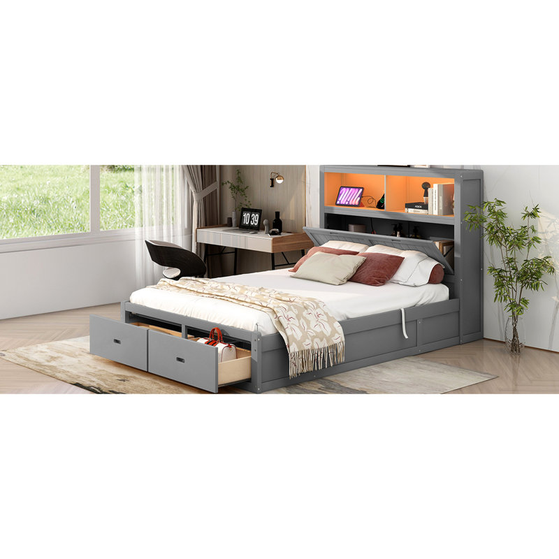 Lit plateforme en bois hydraulique avec rangement spacieux, tête de lit à DEL, support de chargement et 2 tiroirs, espace de rangement inférieur gris, conditions difficiles