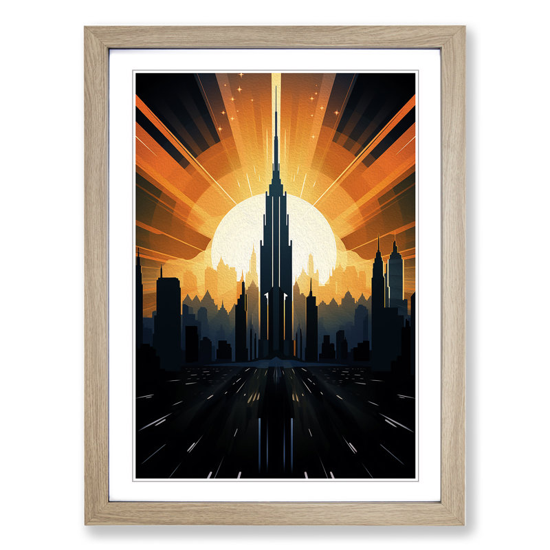 Skyline Art Deco No.3 - Single Picture Frame Print on Wood, Oak, 46cm H x 34cm W x 2cm D