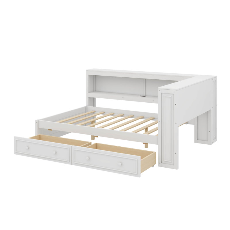 Lit de jour double en bois avec rangement intégré, éclairage USB / DEL et cadre de lit à deux tiroirs, Blanc